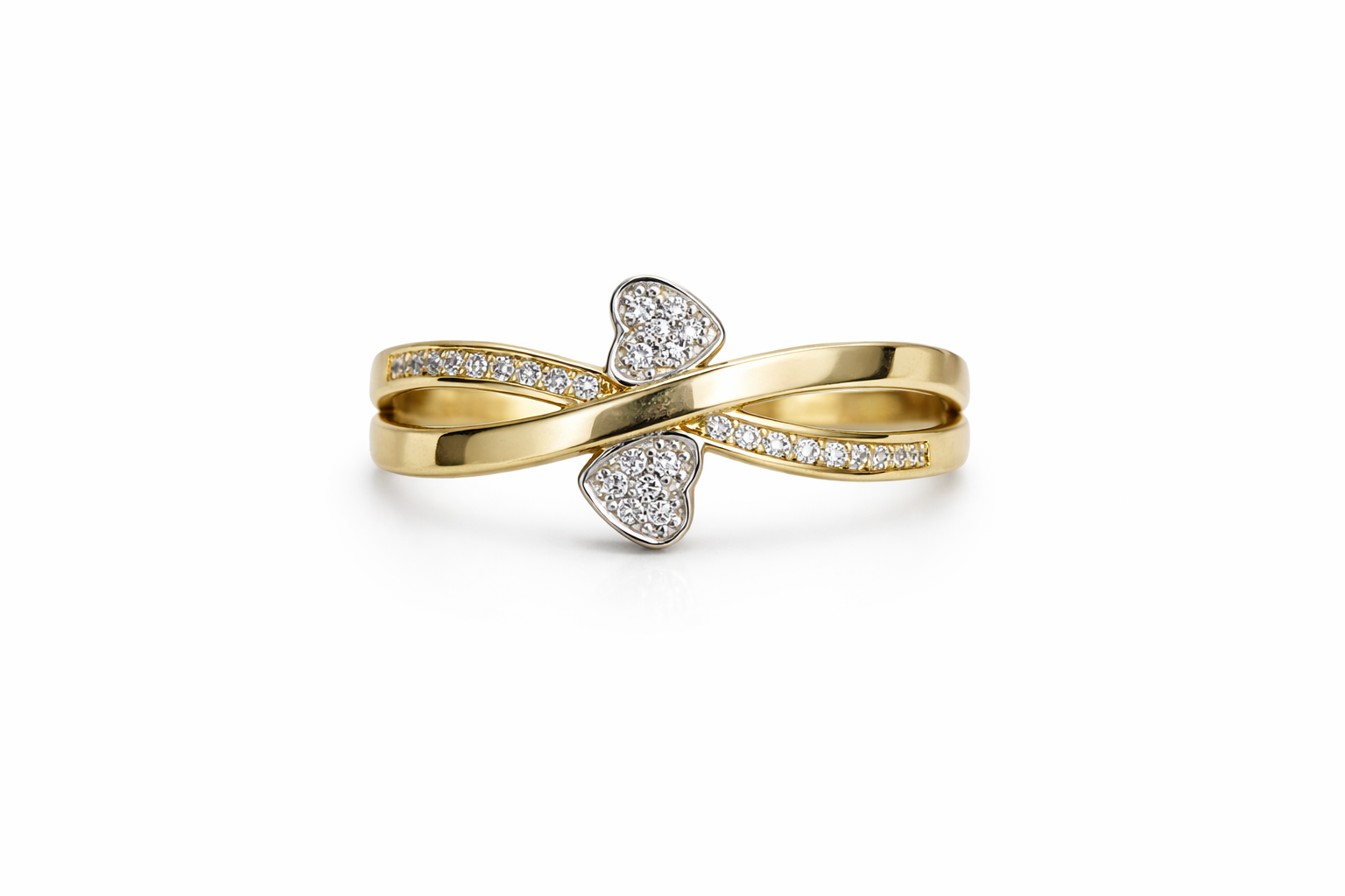 10KT TWO TONE SMALL HEART INTERTWINED RING CZ Size 7-8 Weight 2.3GR