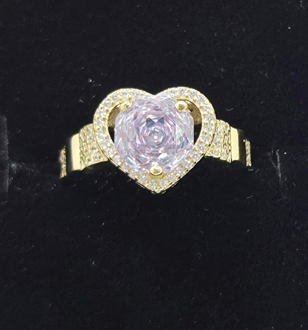 14KT ELEGANT HEART WITH PURPLE STONE Size 8.5 Weight 3.3GR