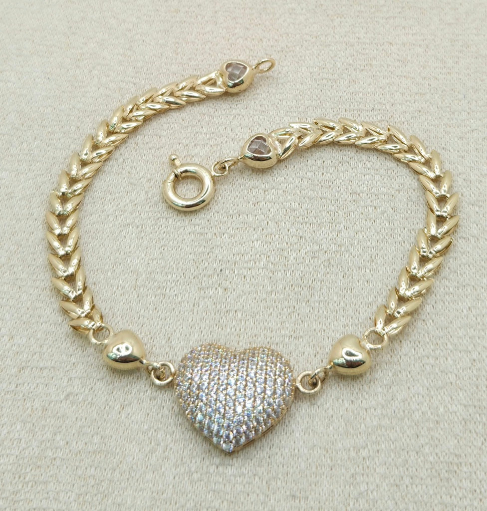 14KT CZ HEART LEAVES LINK BRACELET Size 7INCH Weight 6GR