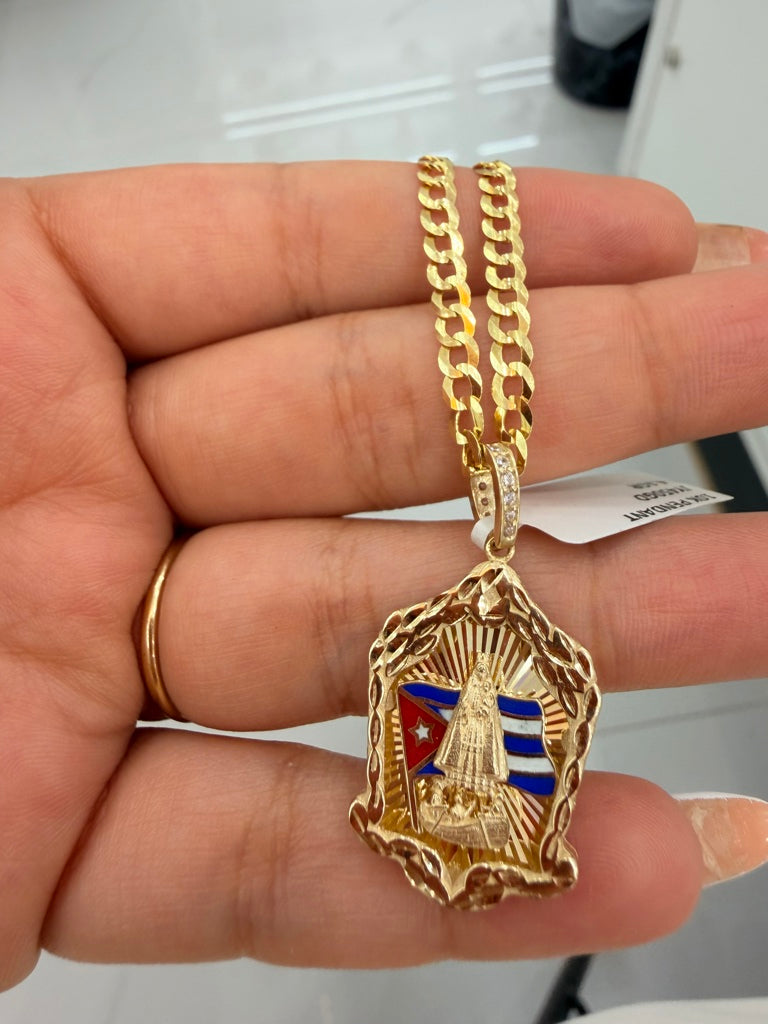 10K CHAIN SOLID CURB FLAT 4mm, 18-Inch, with Medium Virgen de la Caridad Pendant
