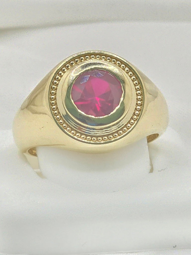 14KT ELEGANT ROUND PINK STONE MAN'S RING Size 11 & 12 Weight 6.4GR