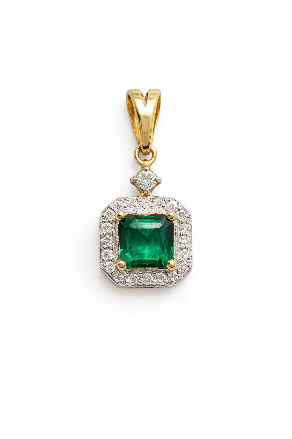 14KT NATURAL DIAMOND AROUND SQUARE LAB ESMERALD PENDANT Size 0.73CT/0.87GM