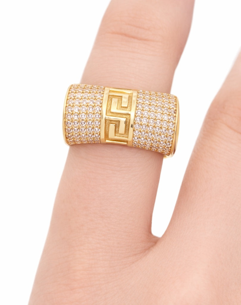 14KT EXOTIC CZ AND GREEK DETAIL RING Size 8 Weigth 5.8GR