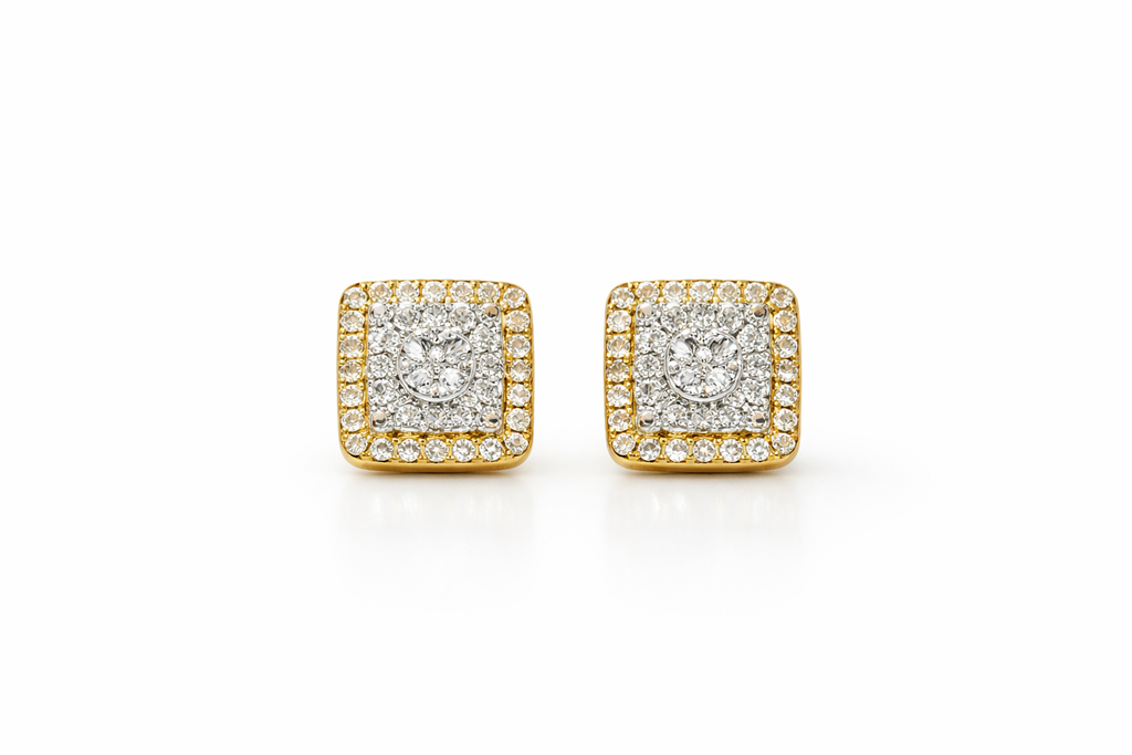 14KT ELEGANT SQUARE NATURAL DIAMOND EARRINGS 3D DESIGN