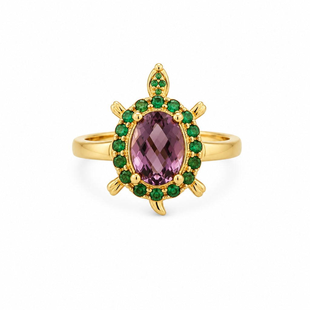 10KT ANIMATED TURTLE RING WITH GREEN CZ AND GEMSTONE BROWN COLOR SIZE 7.5 Weight 2.8GR