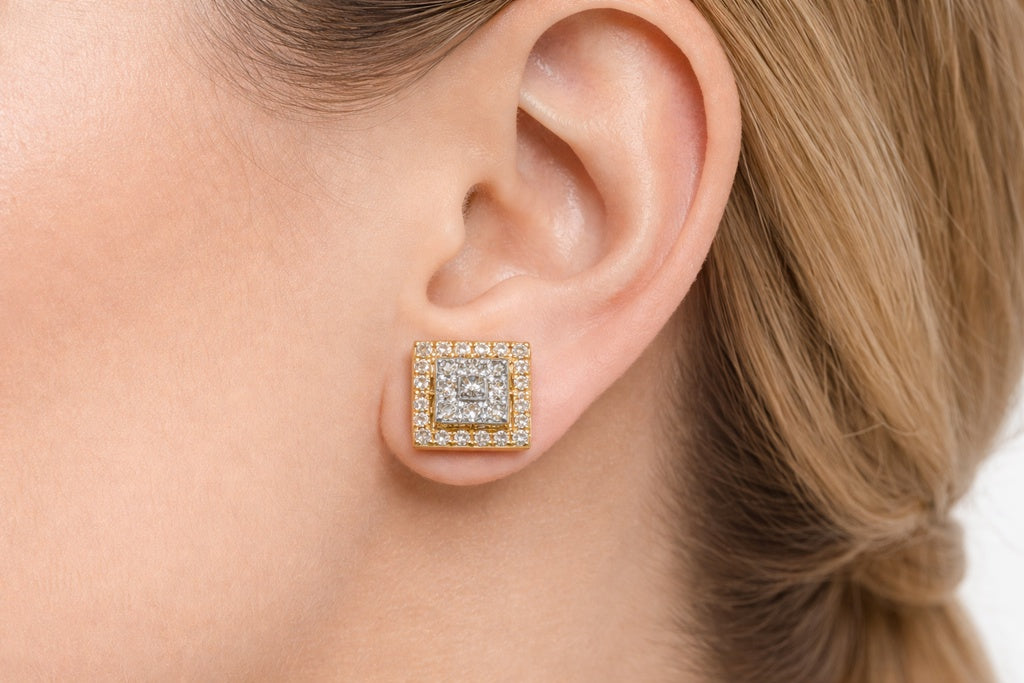 14KT SQUARE 3D DESIGN NATURAL DIAMOND EARRINGS