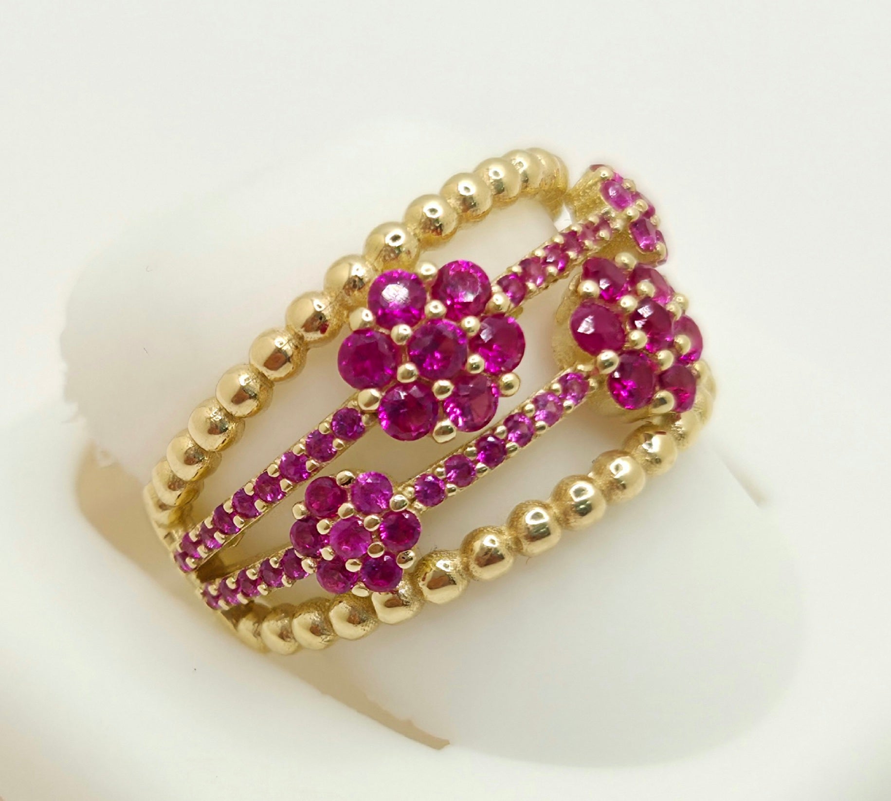 14KY PINK CZ SMALL FLOWERS RING Size 7 & 8 Weight 4.9GR
