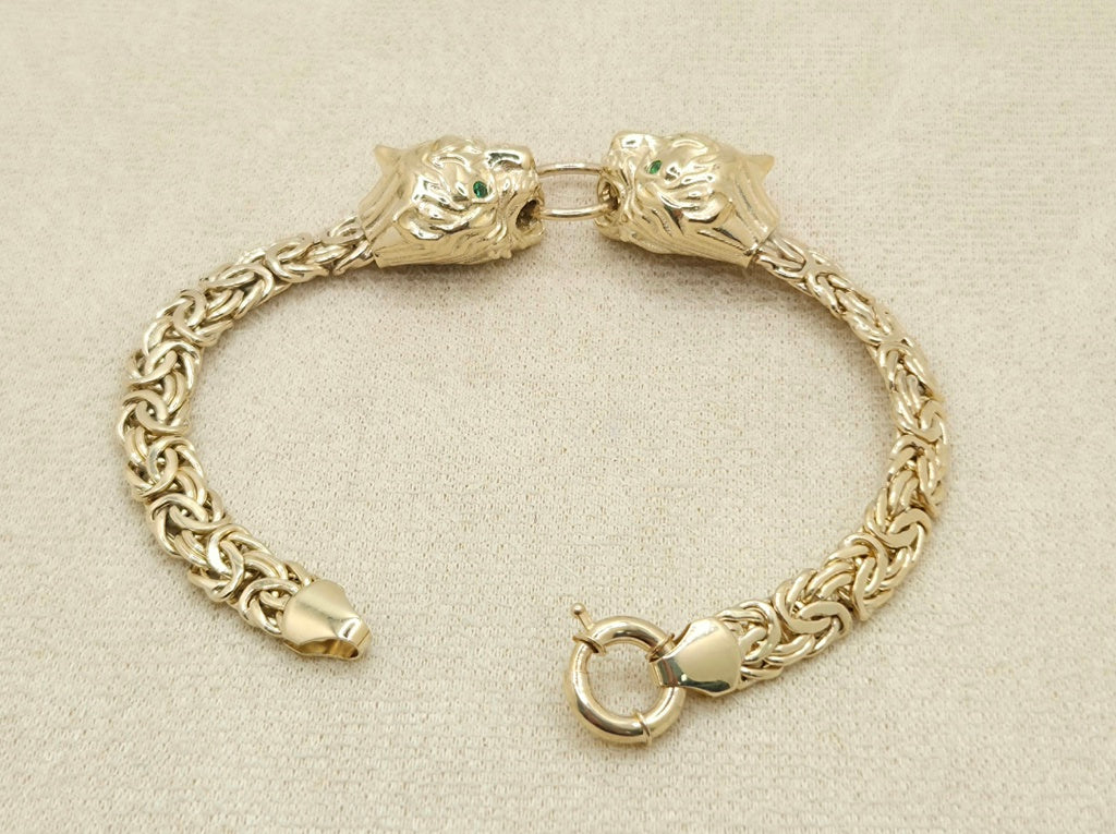 10KT TWO TIGER HEAD BYZENTINE BRACELET Size 7INCH 7MM Weight 18.2GR