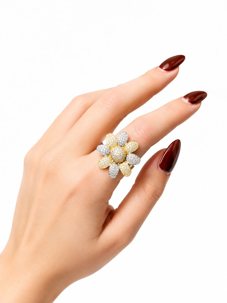 14KT CZ TWO TONE BIG FLOWER RING Size 7 & 8 Weight 5.7GR