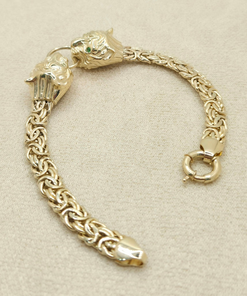 10KT TWO TIGER HEAD BYZENTINE BRACELET Size 7INCH 7MM Weight 18.2GR