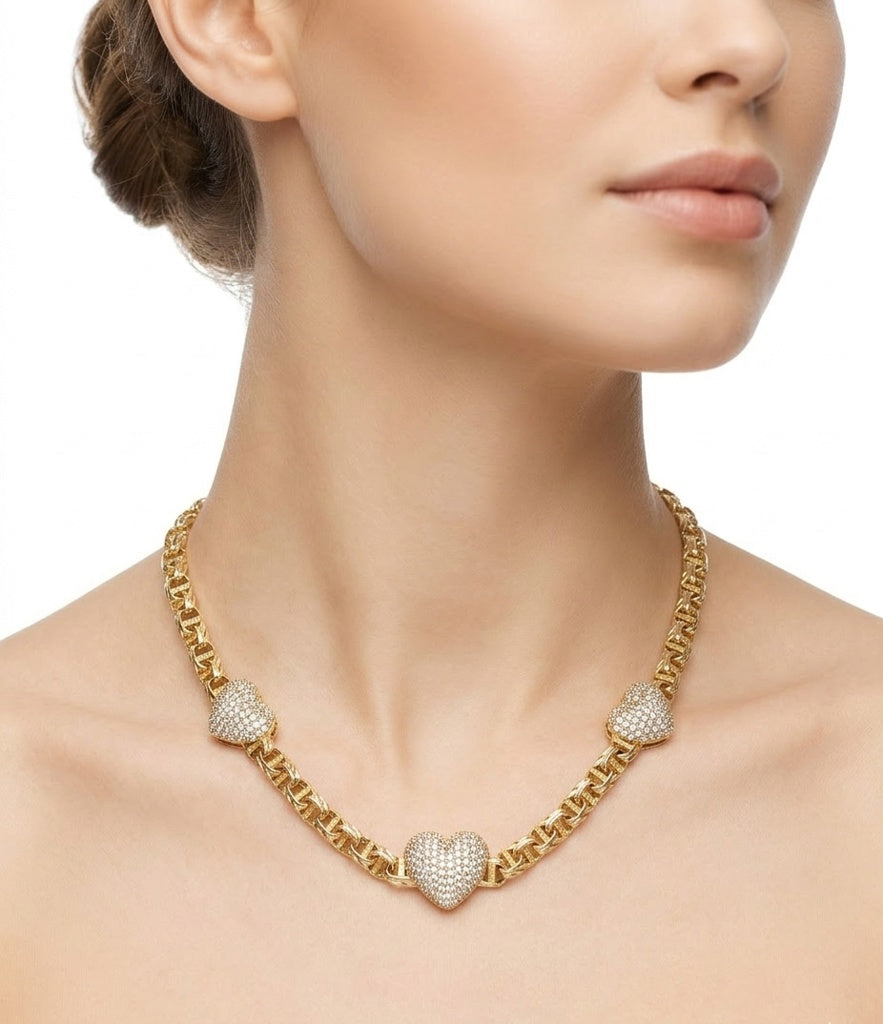 10KT TRHEE MEDIUM CZ HEARTS  CHINO LINK NECKLACE Size 18INCH 5MM Weigth 13.8GR