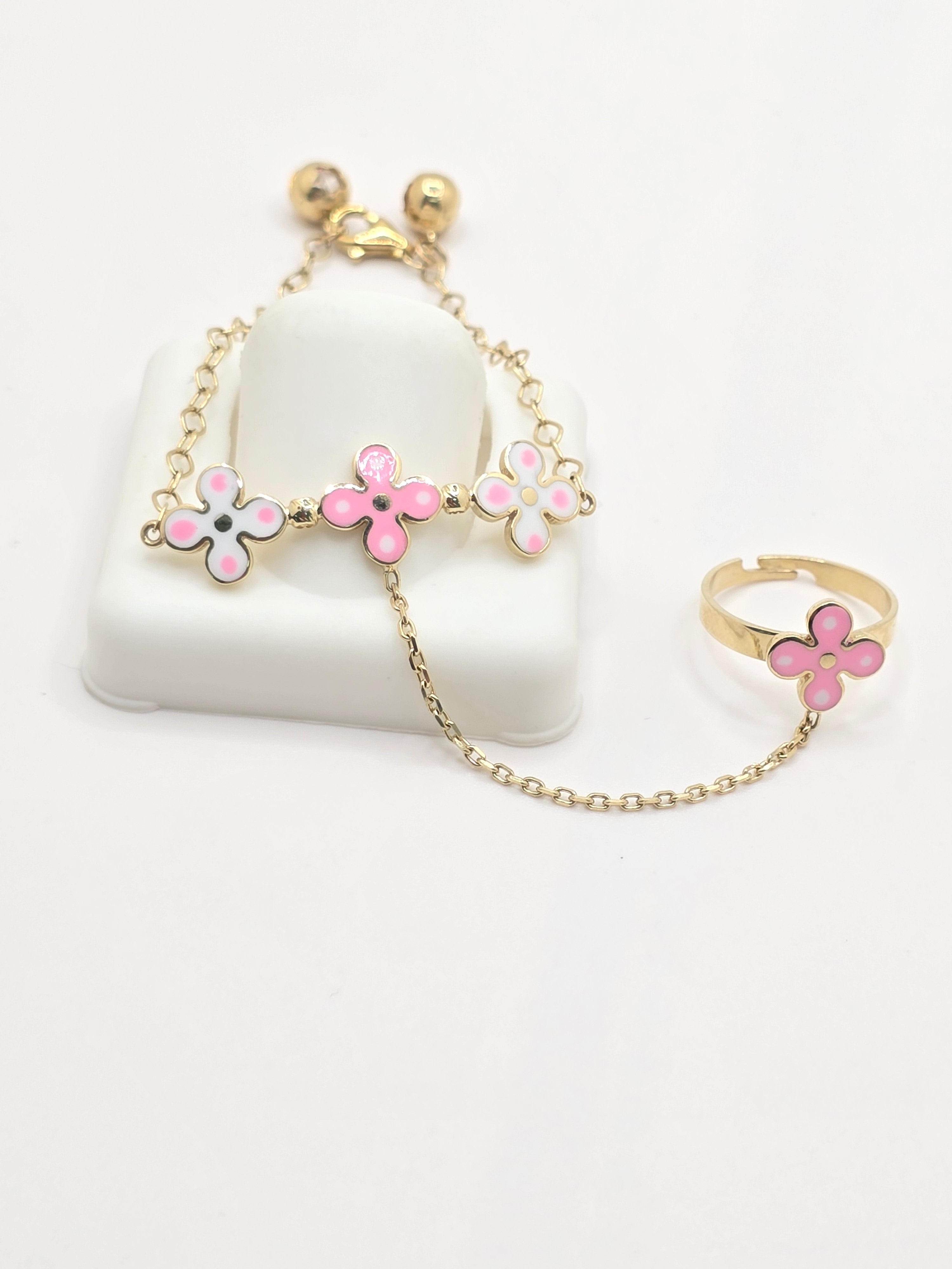 10KT FLOWER BABY BRACELET WITH FLOWER RING Size 5INCH Weight 4.5GR