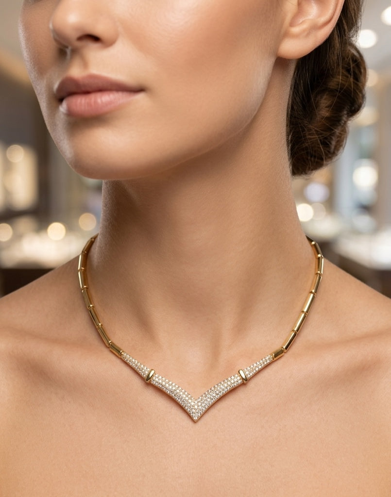 14KT ELEGANT CZ V SHAPE NECKLACE Size 18INCH  Weigth 9GR