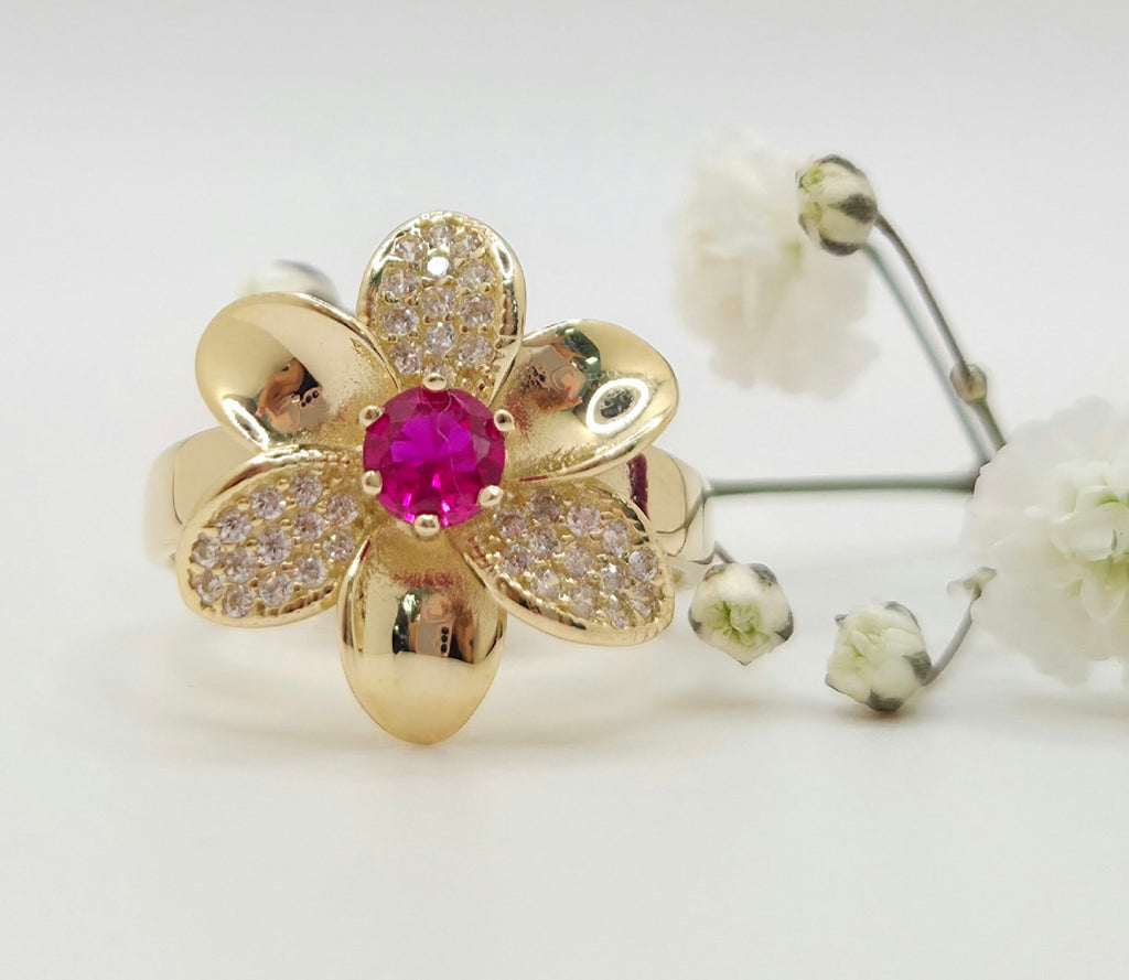14KT MODERN FLOWER PINK STONE CENTER RING Size 7 Weight 3.2GR