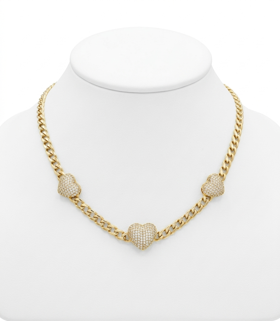 10KT ELEGANT CZ TRHEE MEDIUM HEARTS MONACO STYLE NECKLACE  Size 18INCH 5MM Weigth 11.8GR