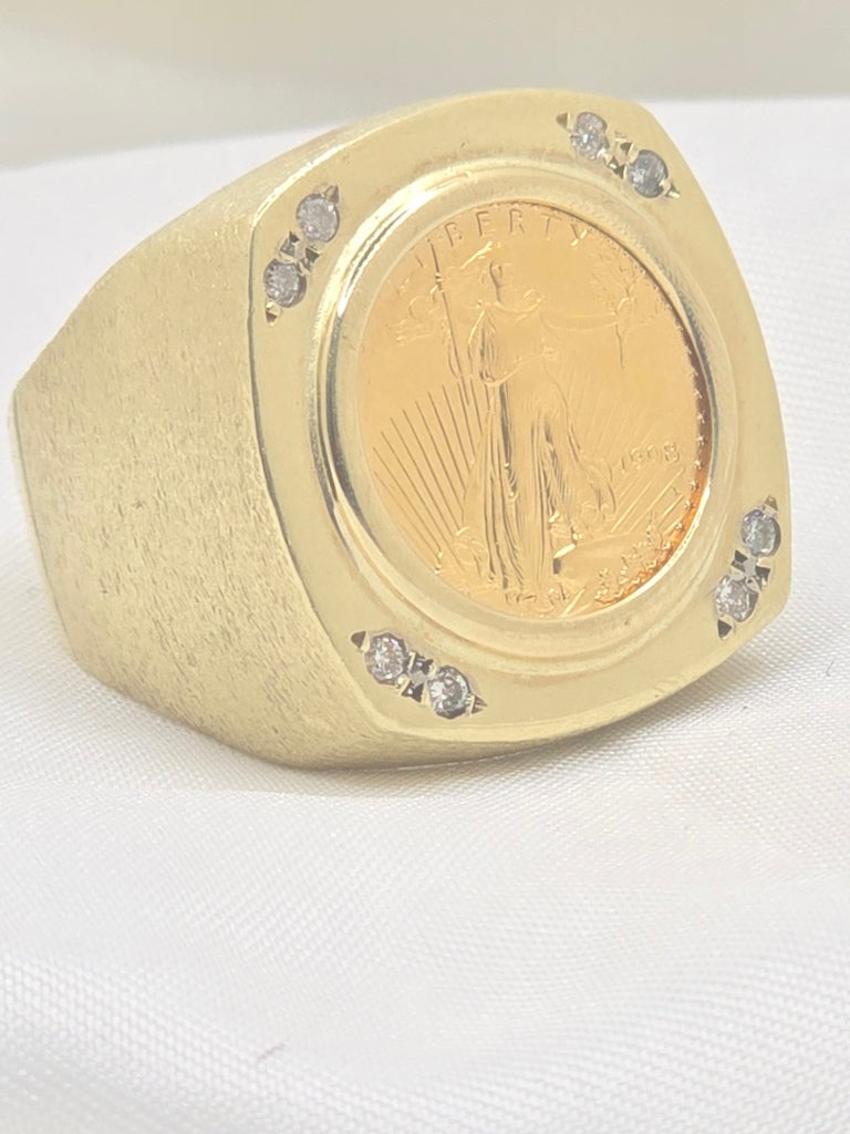 2004 22K AMERICAN GOLD EAGLE COIN 1/10 OUNCE FILIGREE 10KT YG DIAMOND RING Size 10.5 Weight 14.2 GRS