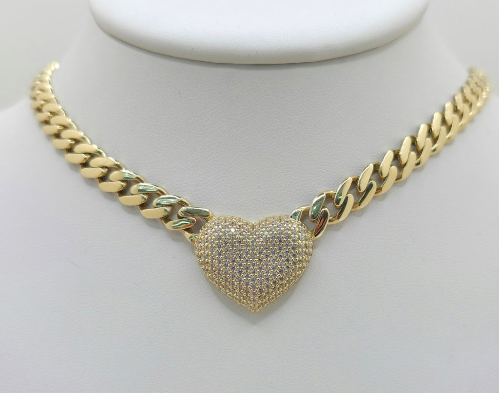 14KT CZ HEART MONACO STYLE NECKLACE Size 16INCH 7MM Weight 23GR
