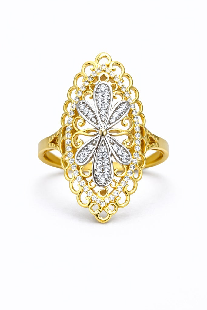 14KT FLOWER TWO TONES CZ DETAIL RING Weight 3.8