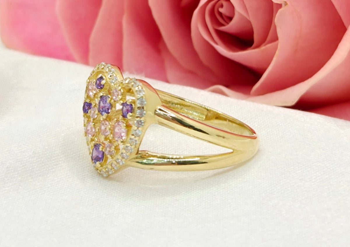 10KT PURPLE AND PINK STONES HEART RING CZ Size 8 Weight 2.6GR