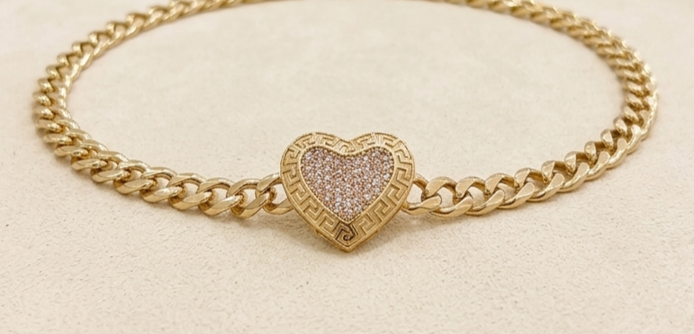14KT MONACO STYLE GREEK FRAME HEART BRACELET Size 7INCH 5MM Weigth 6.5GR