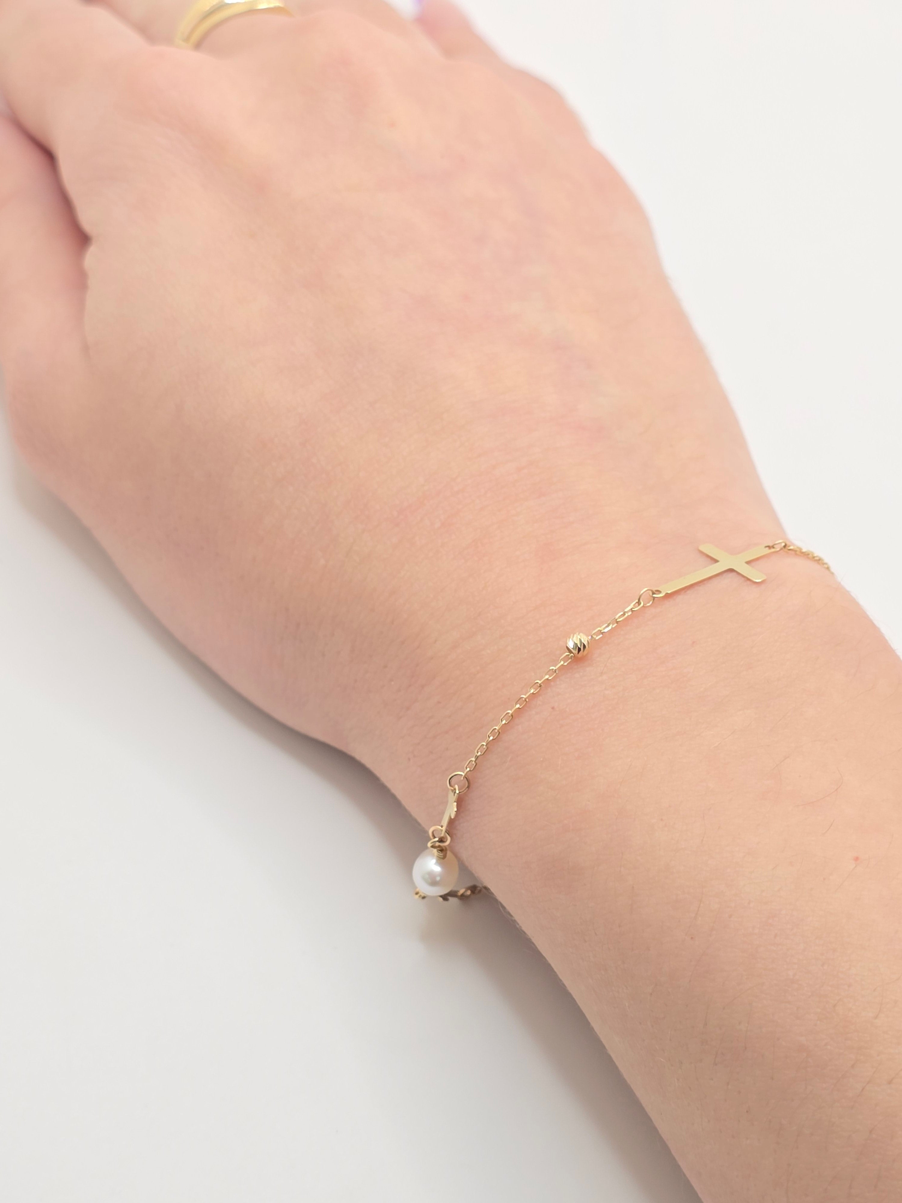 14KT CROSS AND WHITE PEARL BRACELET Size 8INCH Weight 1.7GR
