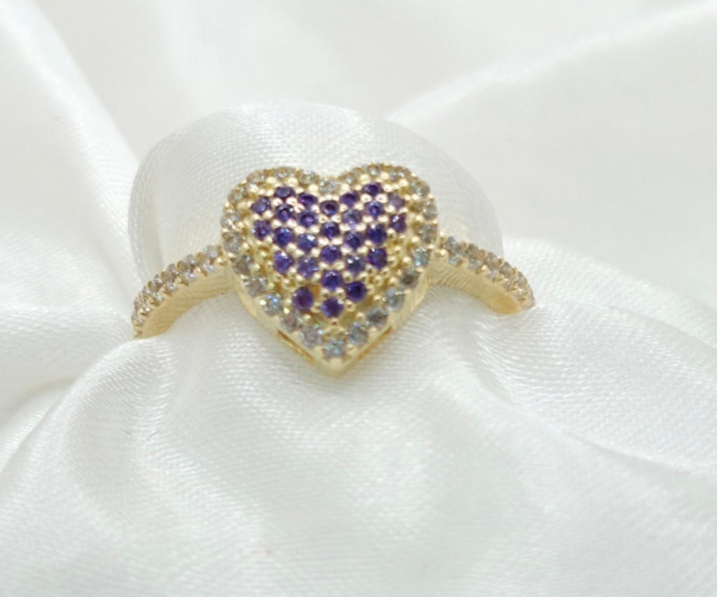 10KT CZ PURPLE MEDIUM HEART RING Size 5.5 Weight 1.8GR