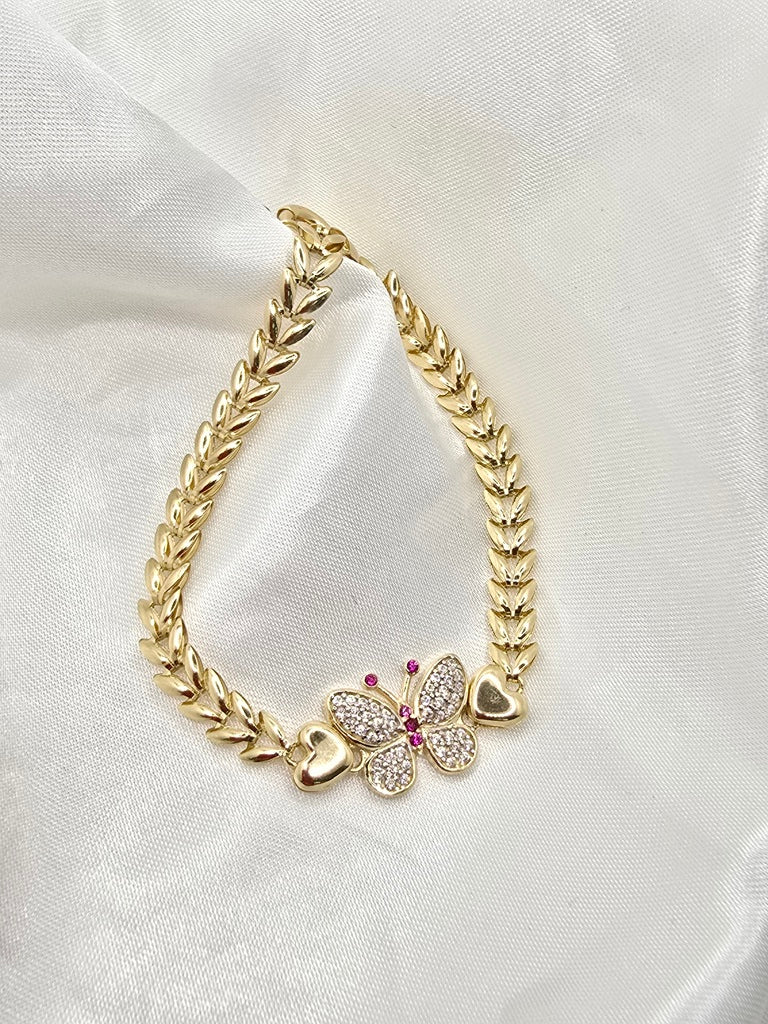 14KT CZ BUTTERFLY LEAF DESIGN LINK BRACELET Size 8INCH Weight 6.1GR