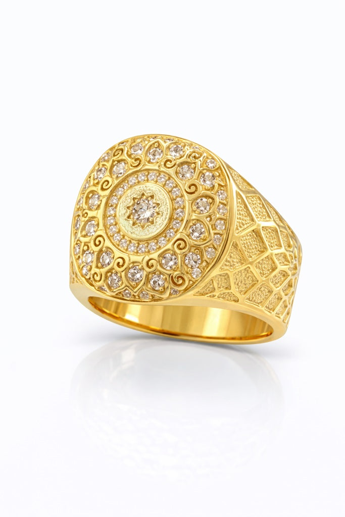 14KT SQUARE ROSETTA MANDALA DESIGN MAN'S RING Size 12 Weigth 5.6GR