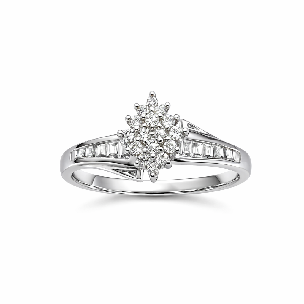 10KT WHITE GOLD ALMOND DIAMOND ELEGANT RING Size 7 Weigth 1.4GR