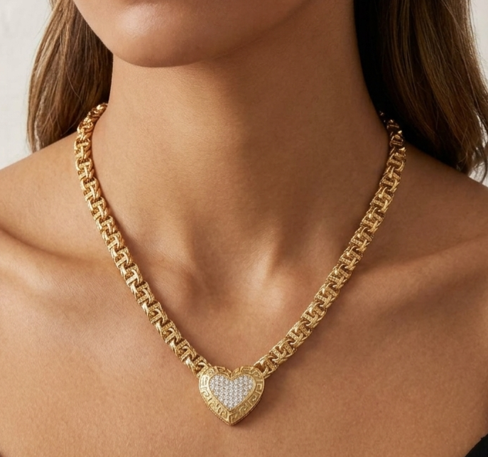 14KT CZ SMALL HEART CHINO LINK NECKLACE WITH GREEK DETAILS Size 18INCH 5MM Weigth 15.5GR