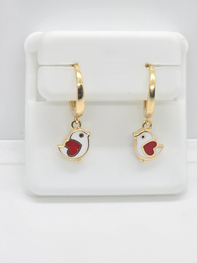 10K WHITE&RED LITTLE BIRD HOOP EARR
