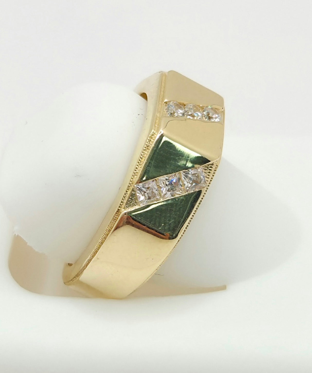 14KT CZ TRIPLE DIAGONAL SATIND WEDDING BAND MEN'S RING Size 7 Weight 4.4GR