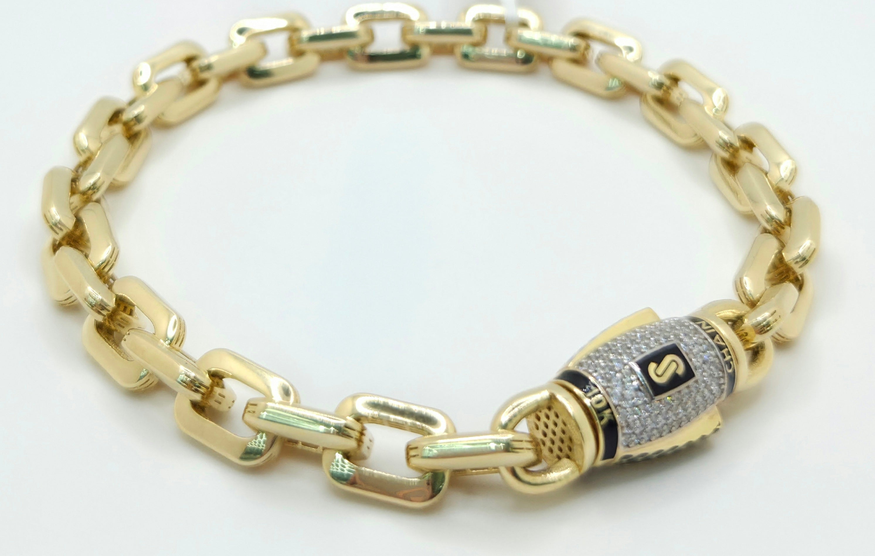 10KT HERMES STYLE CERTIFIED MONACO BRACELET CZ CLOSURE Size 9INCH 8MM Weight 15.8GR