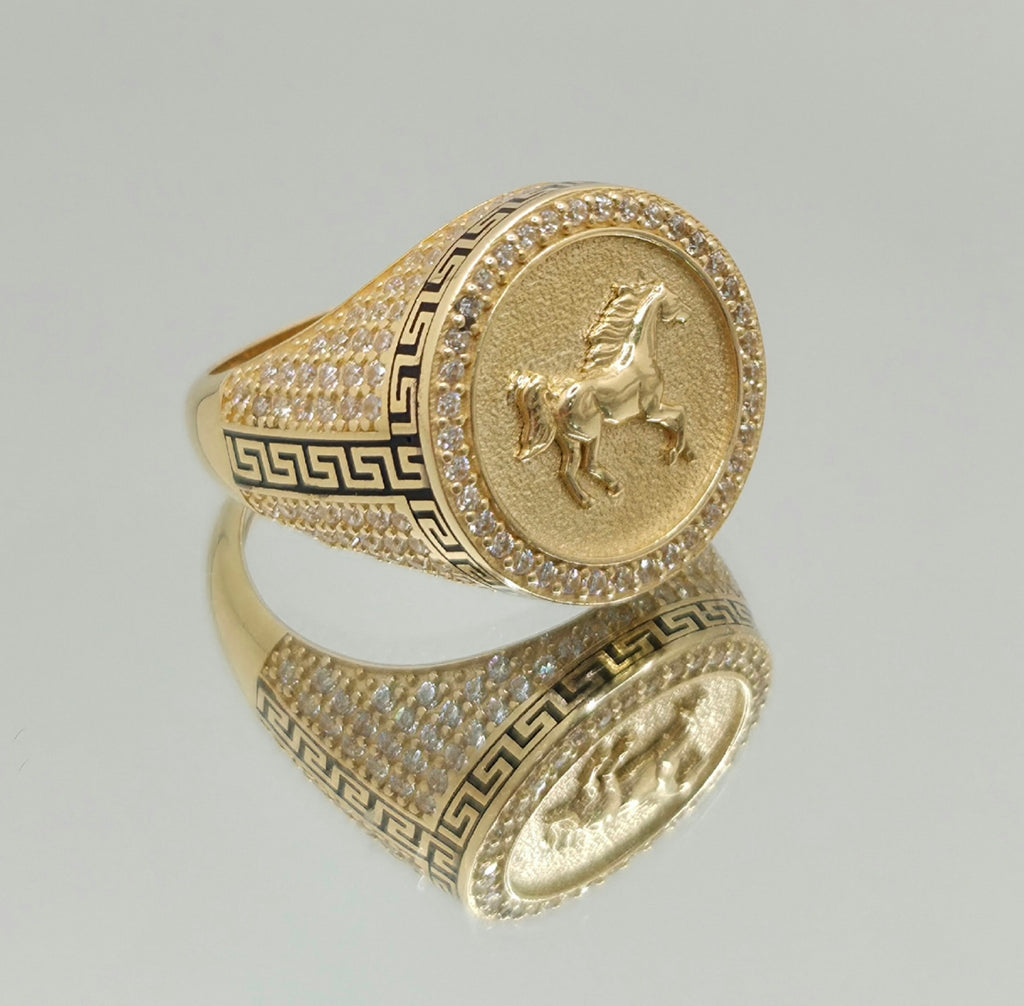 14KT CZ HORSE GREEK DETAIL RING Size 11 Weight 9.1GR