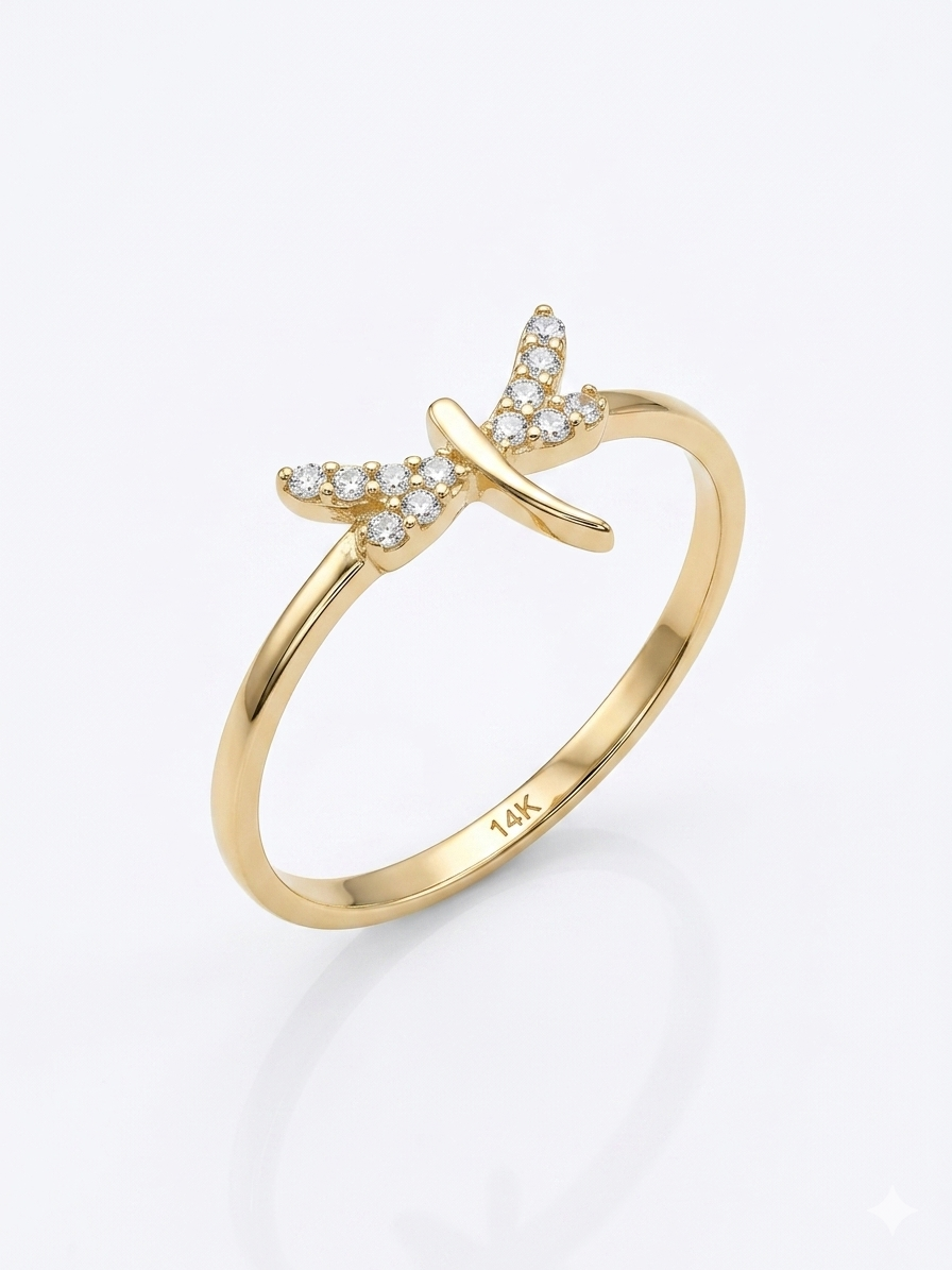 14KT  DELICATE RING OF A DRAGONFLY WITH DETAILS OF CZ  SIZE 7 Weight 1.3GR