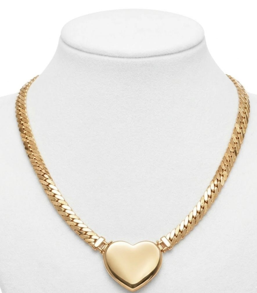 10KT LARGE PLAIN HEART FLAT MIAMI CUBAN DESIGN NECKLACE  Size 18INCH 5MM Weigth 24.2GR