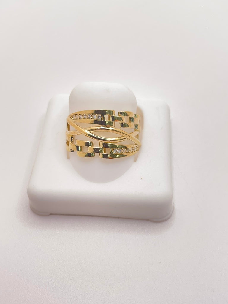 10KT INTERTWINED STYLE RING WITH SQUARE CHAINS AND ZIRCONIA DETAILS Size 8 Weight 1.97GR