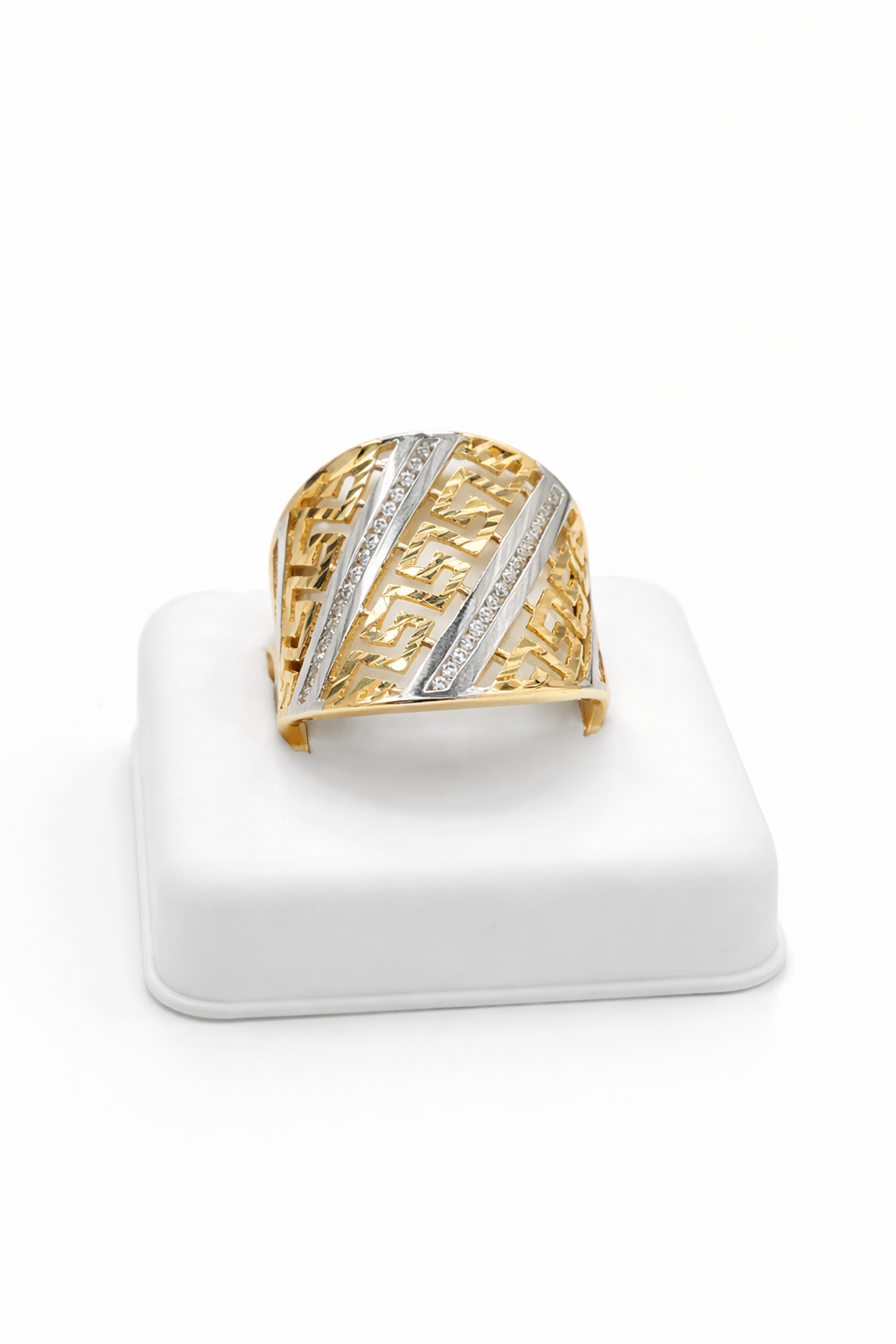 14KT EXOTIC RING WITH TWO-TONE DETAILS AND CZ SIZE 8 Weight 4.3GR