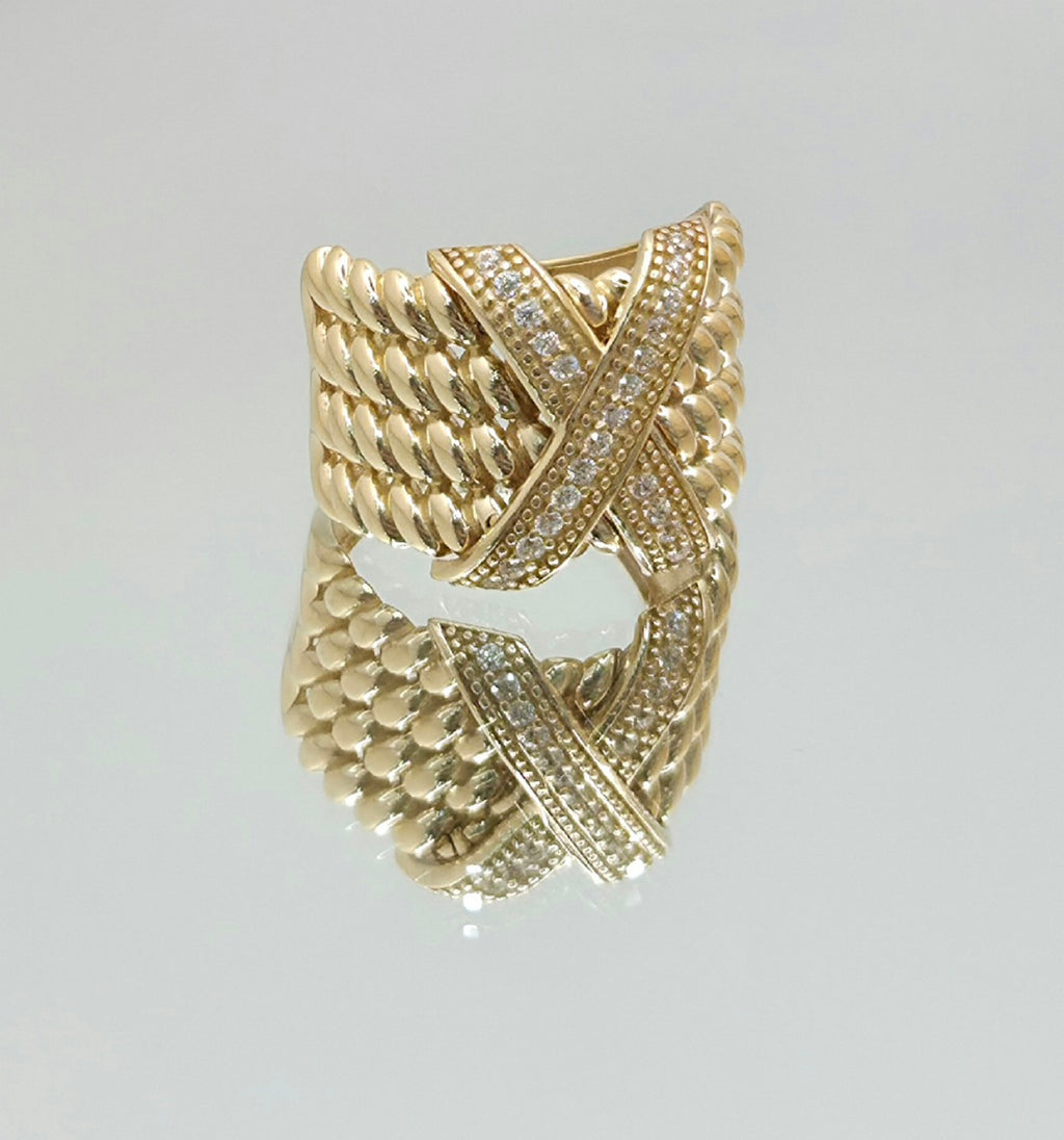 14KT MODERN LARG CZ "X" RING Size 8 Weight 7GR