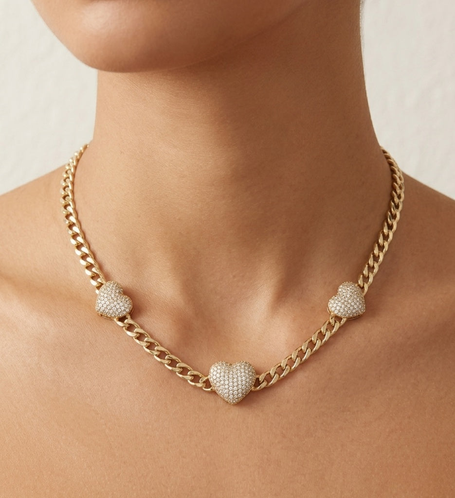 10KT ELEGANT CZ TRHEE MEDIUM HEARTS MONACO STYLE NECKLACE  Size 18INCH 5MM Weigth 11.8GR