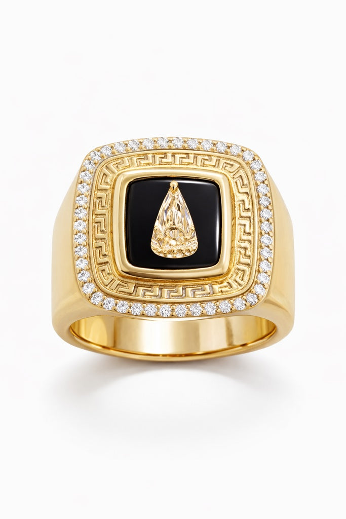 10KT SQUARE GREEK DESIGN CZ ONYX CARIDAD RING Size 12 Weigth 6.2GRS