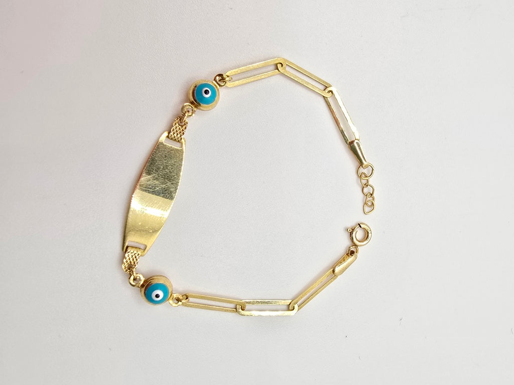 10KT BABY ID BRACELET PAPER CLIP STYLE WITH EVIL EYE Size 5.5INCH 3MM Weight 2GR