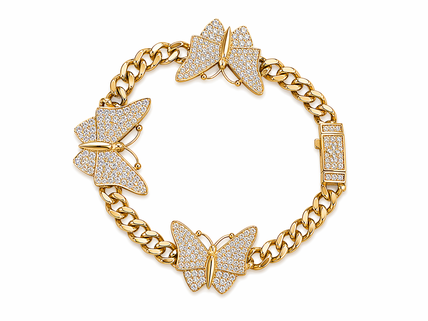 10KT LARGE CZ BUTTERFLY MONACO STYLE BRACELET Size 7INCH Weight 13GR