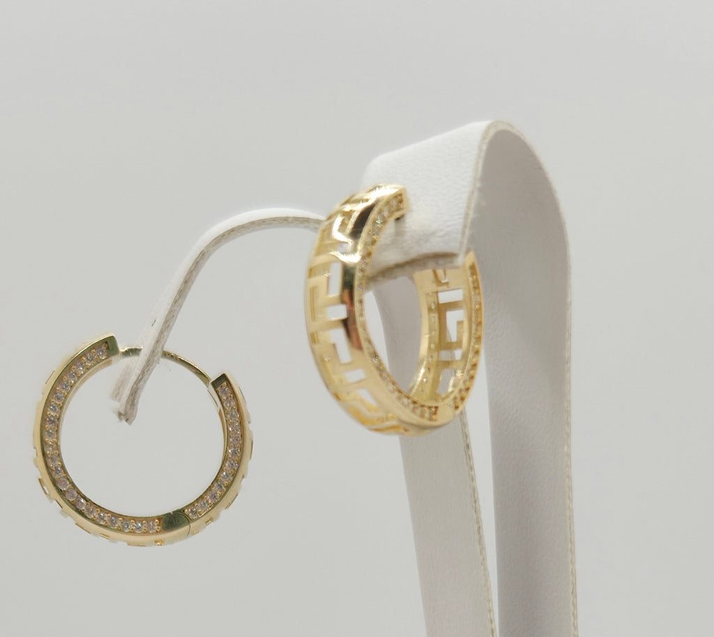 10KT TIMELESS GREEK DESING HOOPS EARRINGS CZ Size MEDIUM Weight 4.4GR