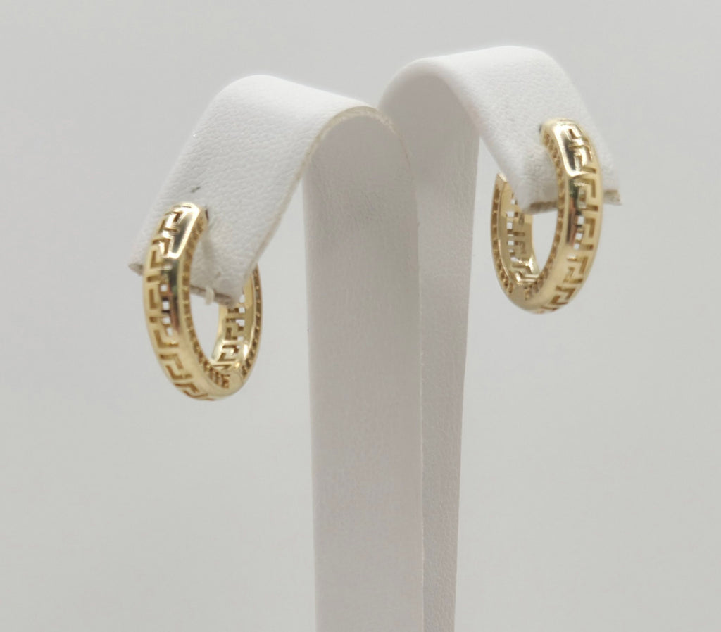 10KT TIMELESS GREEK DESING HOOPS EARRINGS  CZ Size SMALL Weight 3.4GR