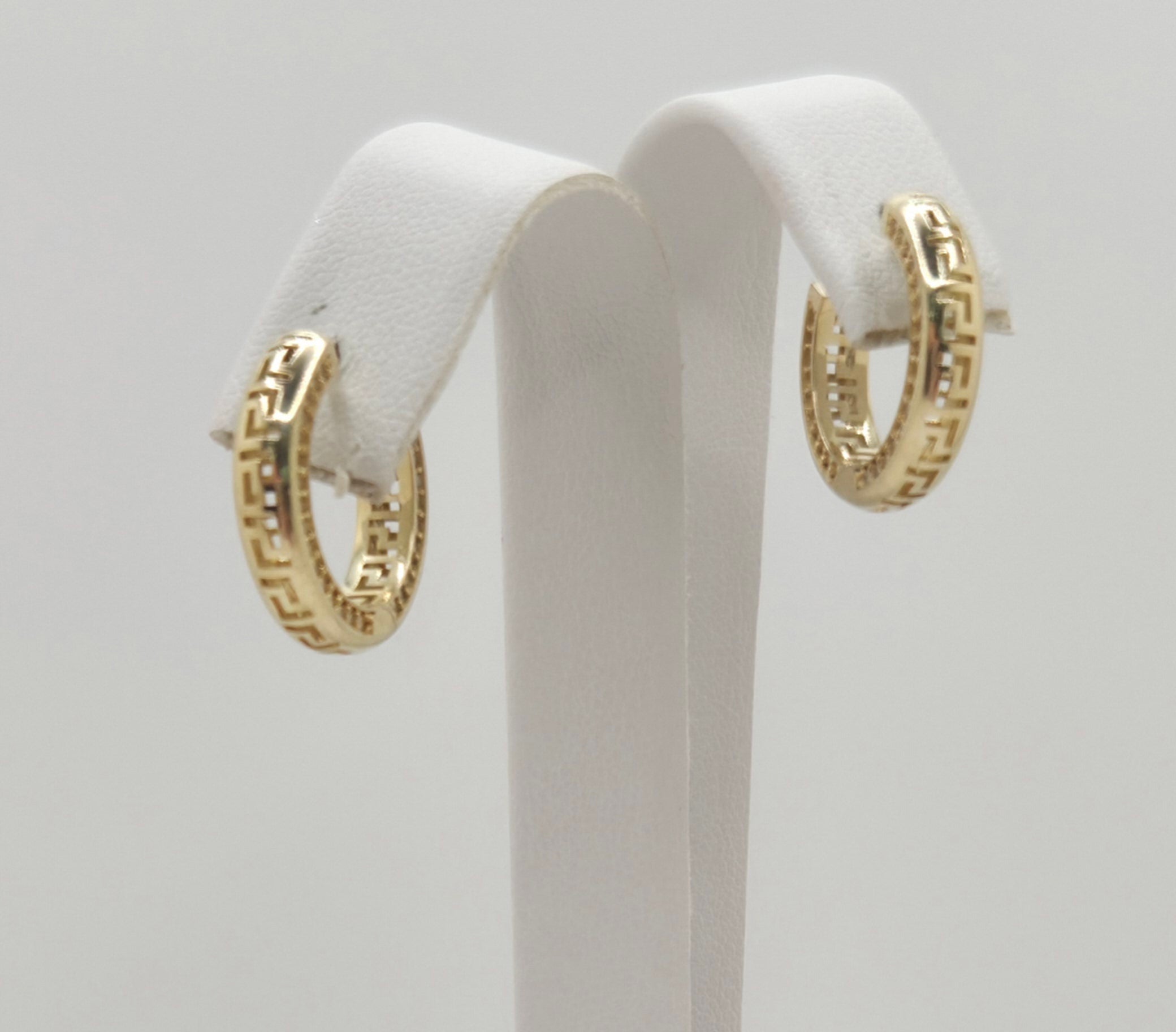 10KT TIMELESS GREEK DESING HOOPS EARRINGS  CZ Size SMALL Weight 3.4GR