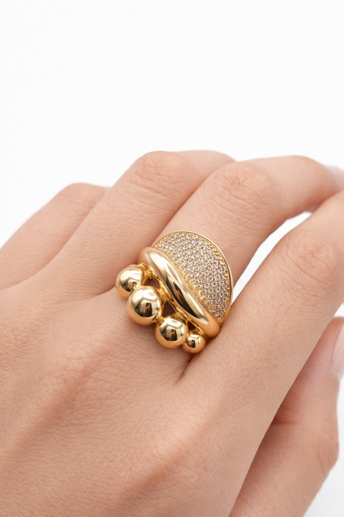 14KT MODERN BALLS AND CZ DESIGN WOMAN'S RING Size 8 Weigth 3.7GR