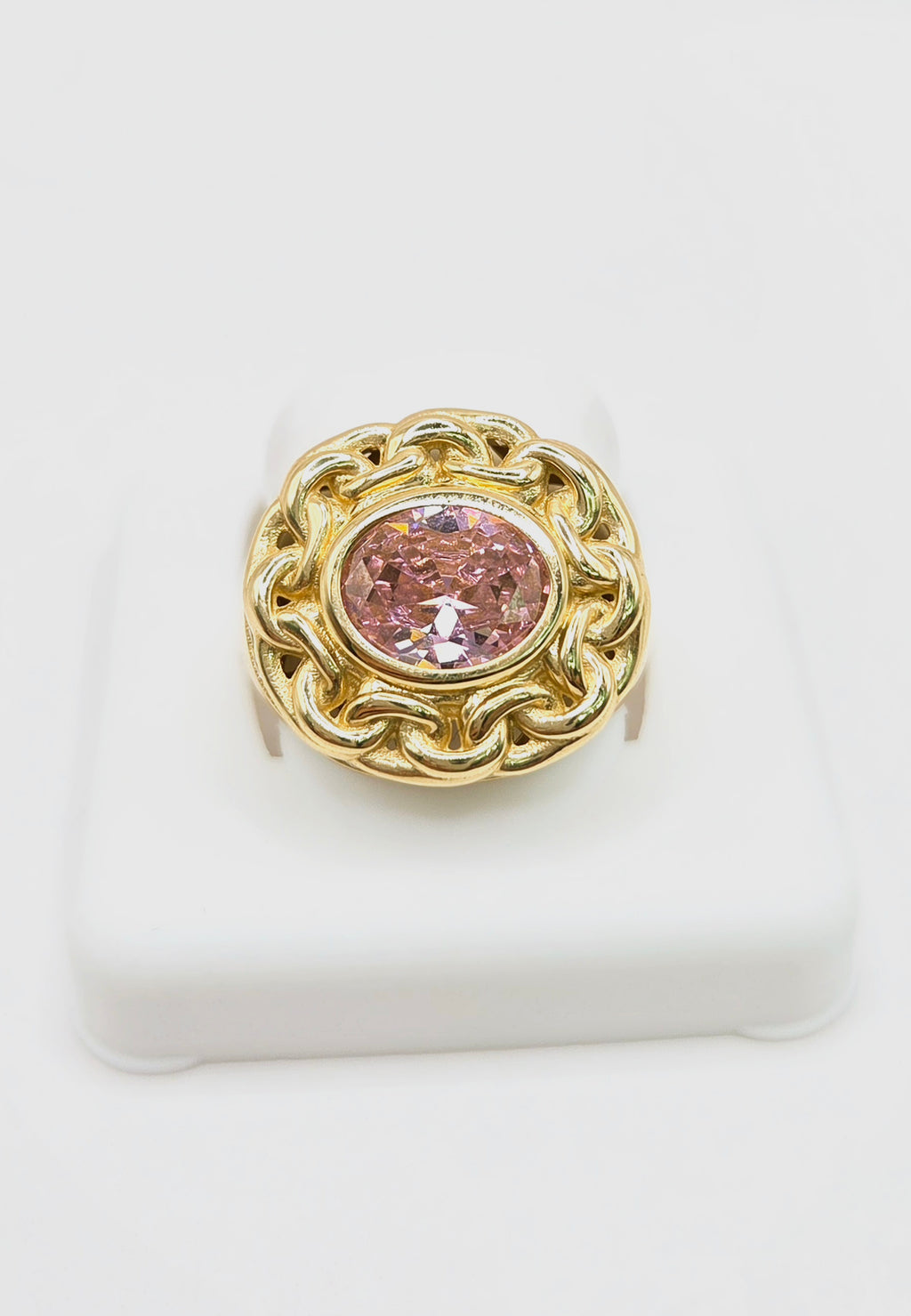 14KT ELEGANT CHINO LINK FRAME PINK STONE RING Size 8 Weight 5.1GR