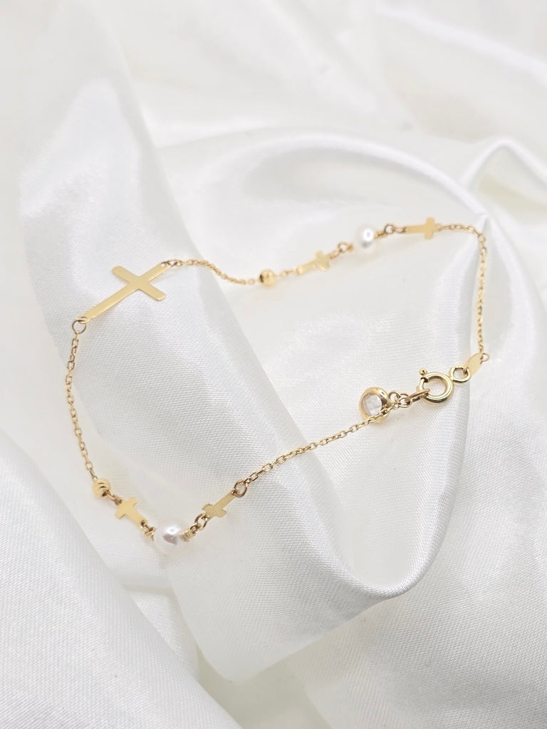 14KT CROSS AND WHITE PEARL BRACELET Size 8INCH Weight 1.7GR